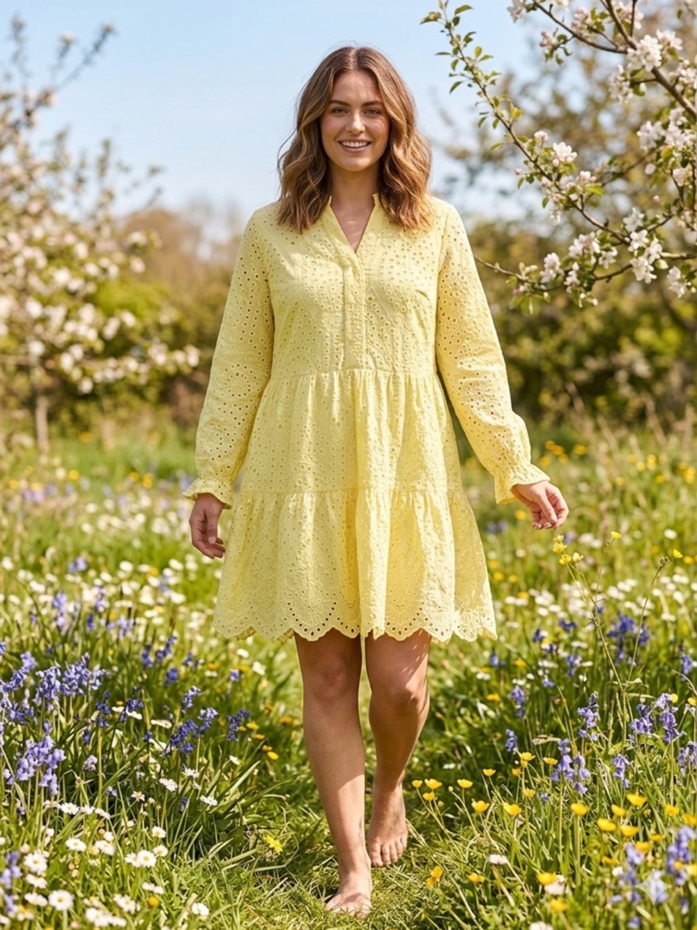 Sunshine Eyelet Tiered Dress - Yellow pretty Garden